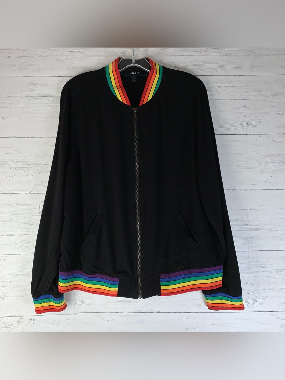 TORRID Bomber Jacket Womens 1 plus Black Rayon Full Zip Pockets Elastic Waist